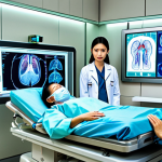 **Transfer Learning in Medicine:** A futuristic hospital scene in Bangkok. An AI diagnoses a patient's medical scan with speed and accuracy, displaying the diagnosis on a holographic screen. Doctors and nurses are collaborating with the AI. Focus on vibrant colors and a sense of technological advancement relevant to healthcare in Thailand.