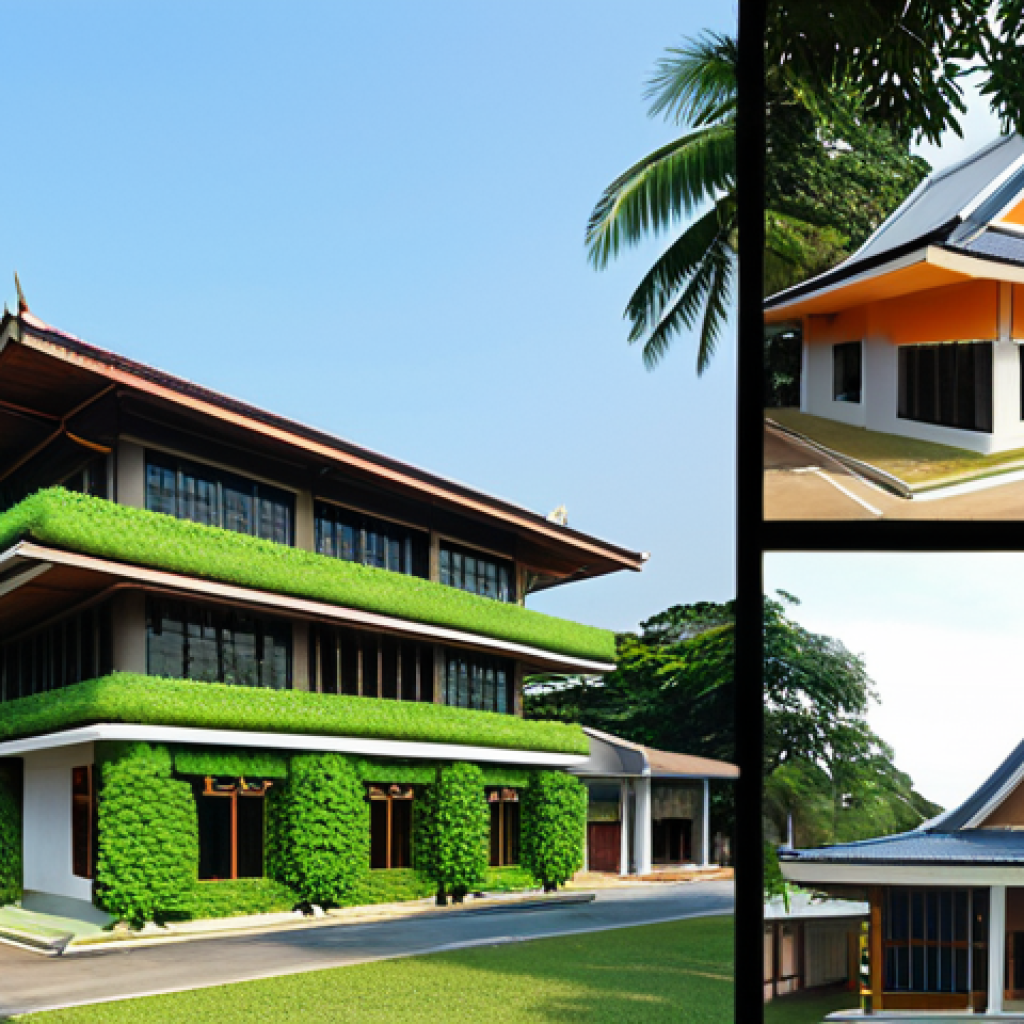 A split image contrasting two buildings in a tropical setting. On the left, a traditional, older Thai-style office building, appearing hot and struggling, with high electricity bills and signs of frequent maintenance visually overlaid, and money seemingly draining from it. On the right, a sleek, modern Thai-inspired "breathing house" or small office building, with passive design features like large eaves, natural ventilation, and lush greenery, looking cool and efficient. Overlay symbols of energy savings and a full wallet. The overall scene should emphasize the stark difference between hidden long-term costs and significant savings through smart design.