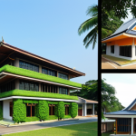 A split image contrasting two buildings in a tropical setting. On the left, a traditional, older Thai-style office building, appearing hot and struggling, with high electricity bills and signs of frequent maintenance visually overlaid, and money seemingly draining from it. On the right, a sleek, modern Thai-inspired "breathing house" or small office building, with passive design features like large eaves, natural ventilation, and lush greenery, looking cool and efficient. Overlay symbols of energy savings and a full wallet. The overall scene should emphasize the stark difference between hidden long-term costs and significant savings through smart design.