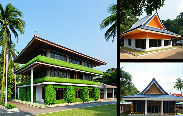 A split image contrasting two buildings in a tropical setting. On the left, a traditional, older Thai-style office building, appearing hot and struggling, with high electricity bills and signs of frequent maintenance visually overlaid, and money seemingly draining from it. On the right, a sleek, modern Thai-inspired "breathing house" or small office building, with passive design features like large eaves, natural ventilation, and lush greenery, looking cool and efficient. Overlay symbols of energy savings and a full wallet. The overall scene should emphasize the stark difference between hidden long-term costs and significant savings through smart design.