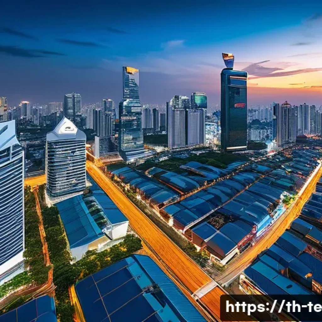 딥러닝 모델의 에지 컴퓨팅 아키텍처 - A modern Thai cityscape at dusk featuring smart city technology: illuminated streets with smart stre...