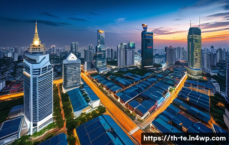 딥러닝 모델의 에지 컴퓨팅 아키텍처 - A modern Thai cityscape at dusk featuring smart city technology: illuminated streets with smart stre...