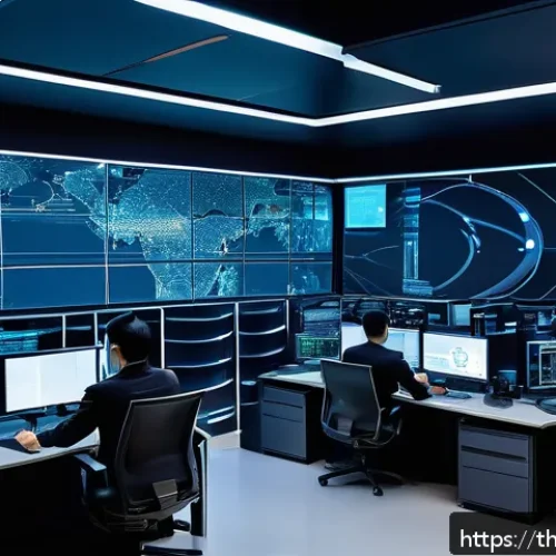 적대적 공격에 대한 아키텍처 설계 전략 - A high-tech cybersecurity control room with multiple layered digital shields representing Defense in...