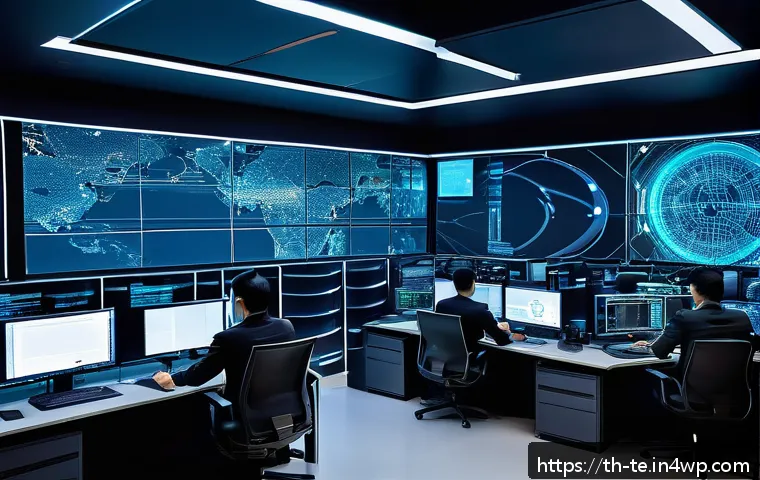 적대적 공격에 대한 아키텍처 설계 전략 - A high-tech cybersecurity control room with multiple layered digital shields representing Defense in...